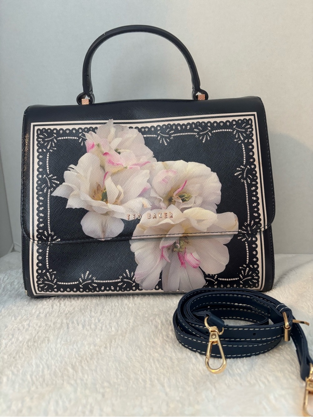 Ted Baker Navy Floral Top-Handle Satchel with White & Pink Blooms